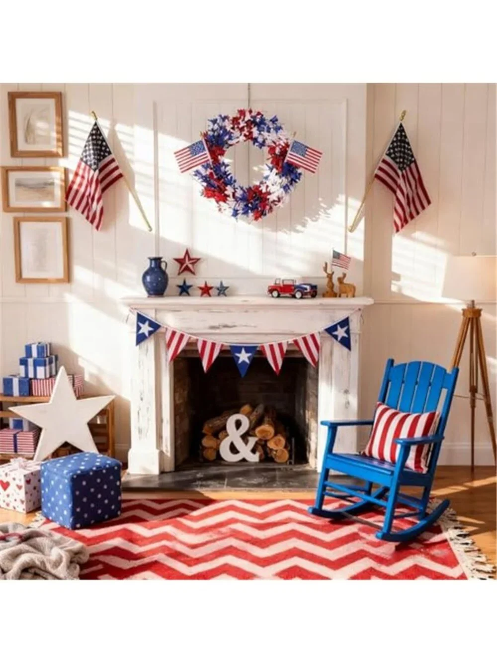 4th of July Wreath Patriotic Wreath with Red White Blue Flag Forsythia Flowers